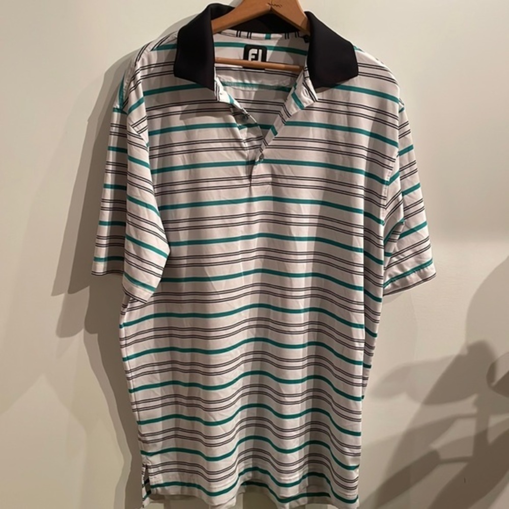 Footjoy Golf Polo. White Black and‎ Teal Stripe. Large.